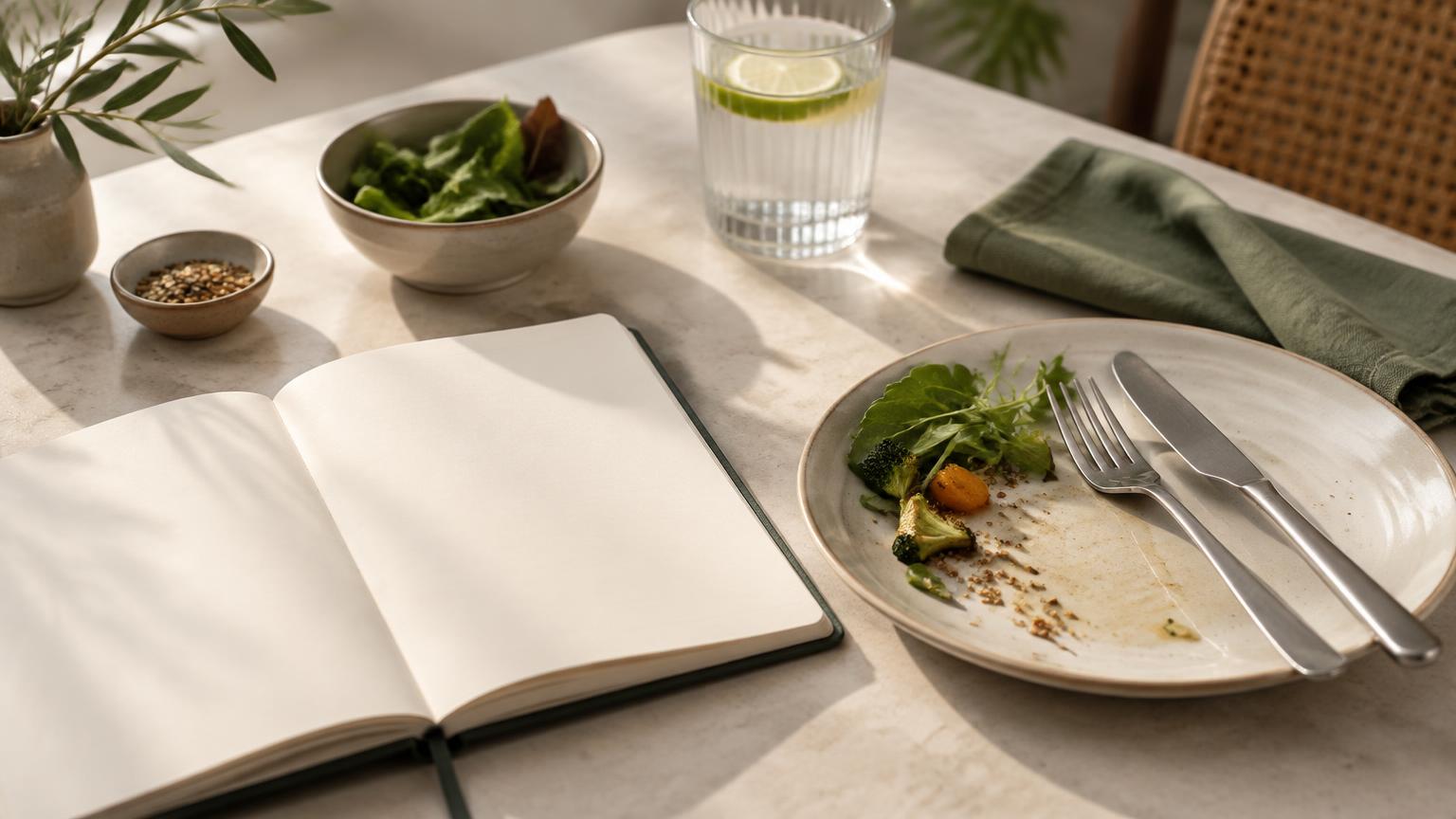 Mesa com alimentos e caderno aberto, representando acolhimento após um episódio de compulsão alimentar