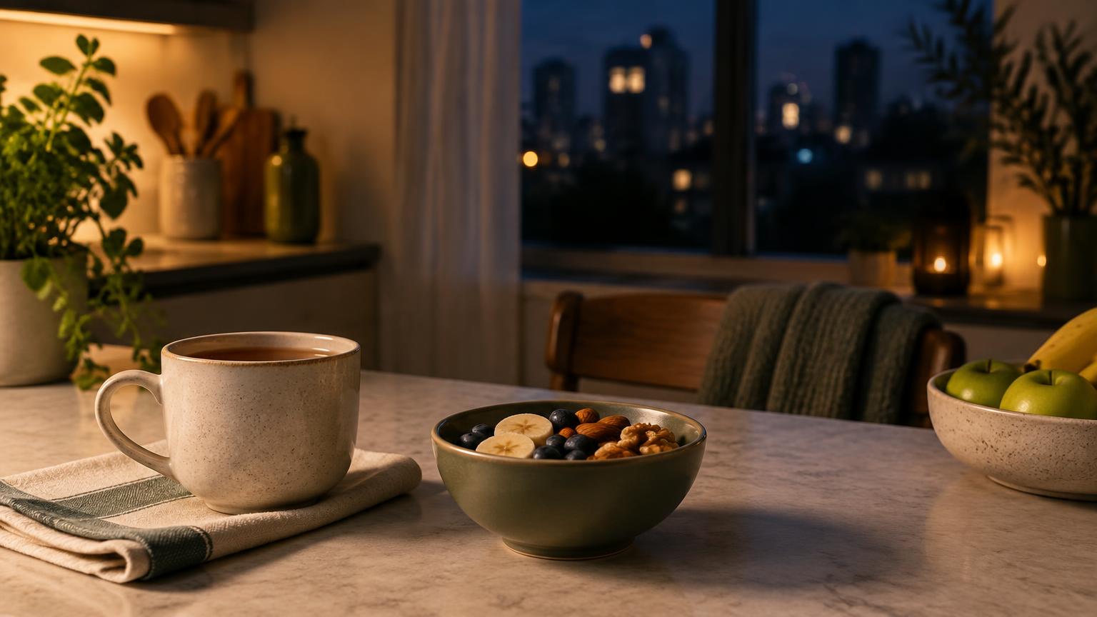 Cozinha à noite com relógio e alimentos, representando o aumento da vontade de comer no período noturno