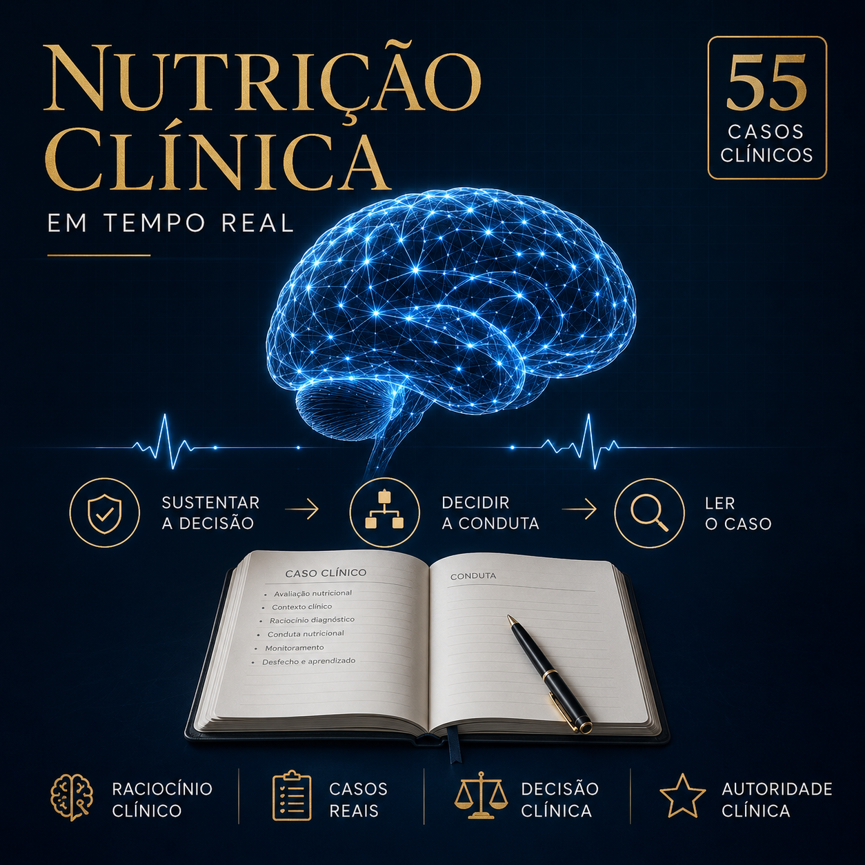 Arte do curso Nutrição Clínica em Tempo Real, com 55 casos clínicos