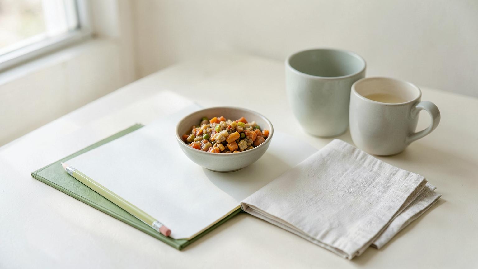 Caderno aberto, alimento e xícaras em uma composição sobre fome emocional