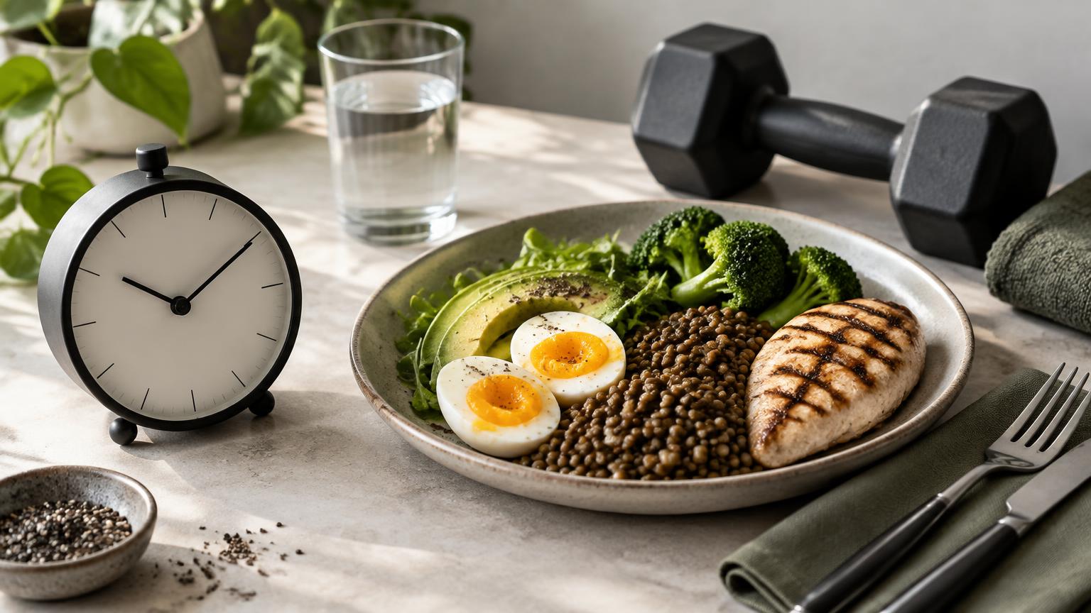 Relógio, alimentos proteicos e elementos de treino, representando jejum, proteína e hipertrofia