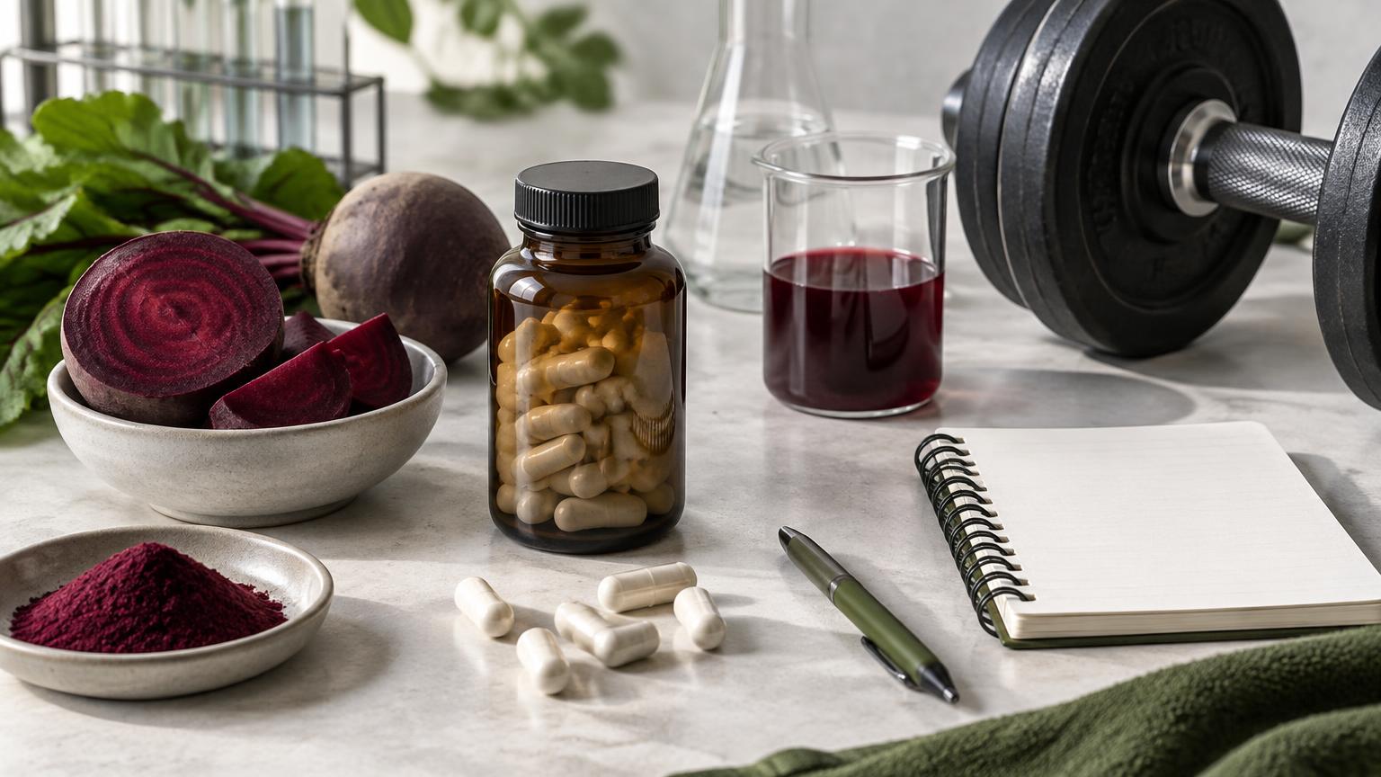 Elementos esportivos e alimentos ricos em nitrato, representando suplementação e musculação