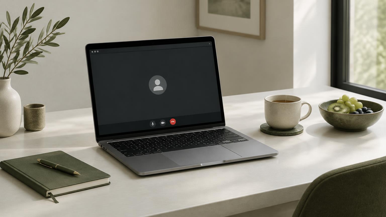 Notebook com chamada de vídeo aberta sobre mesa com caderno, chá e frutas