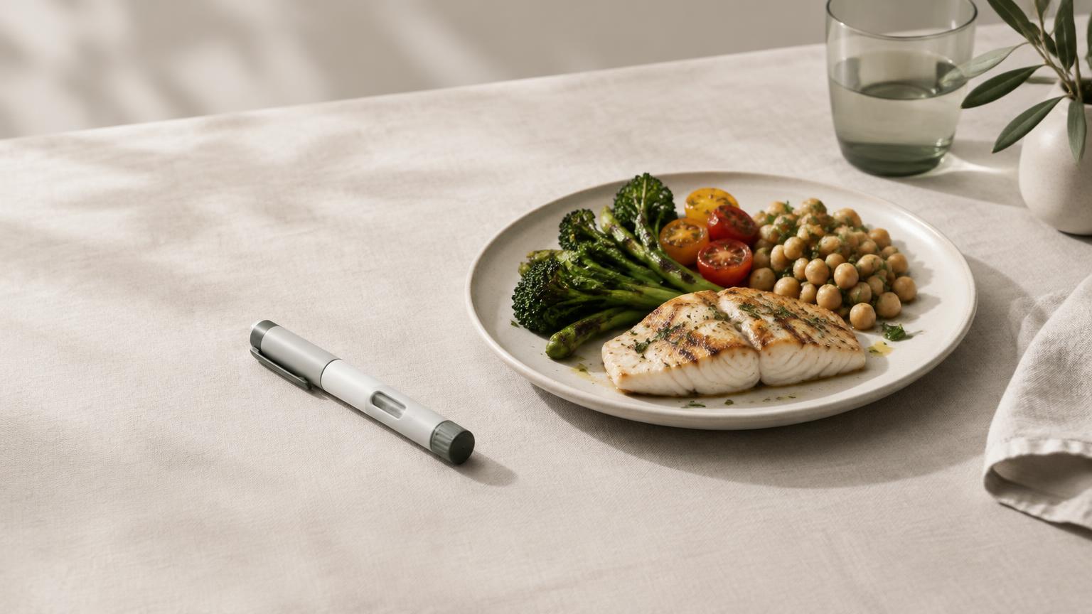 Caneta de aplicação ao lado de um prato equilibrado com peixe grelhado, legumes e grão-de-bico