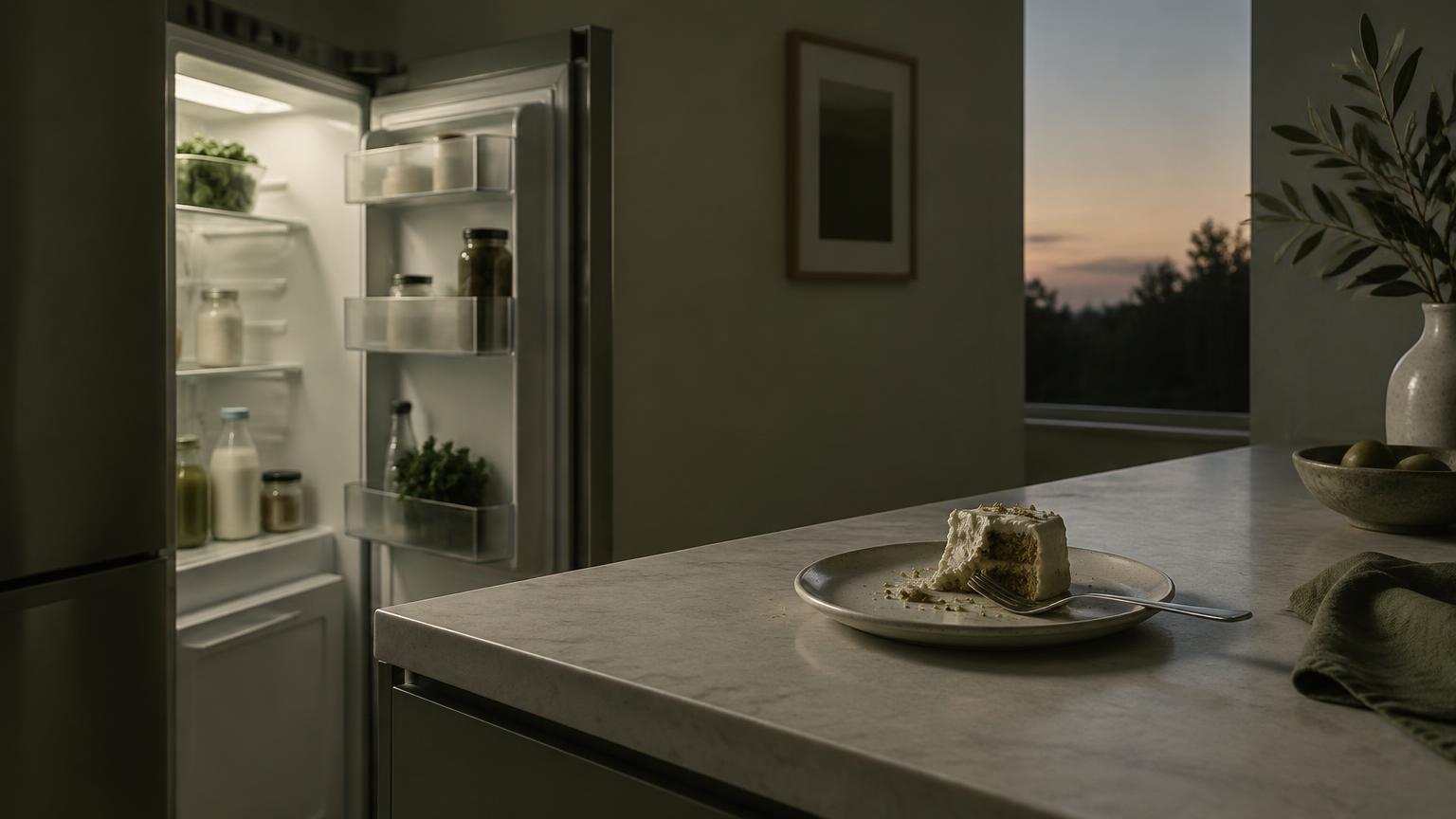 Geladeira aberta ao anoitecer e prato com pedaço de bolo sobre a bancada da cozinha